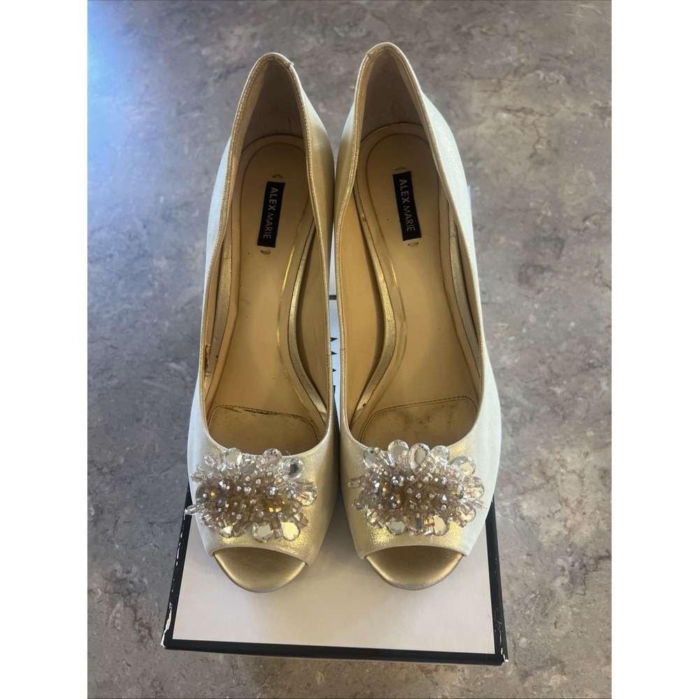 Alex Marie Women's Shoes 9M Beaded Gold Peep-Toe Heels 3.5"